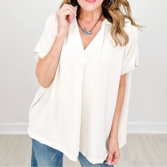 Tops - NEW! Woven Airflow Collared V-Neck Short Sleeve Top-L/XL Sand Beige